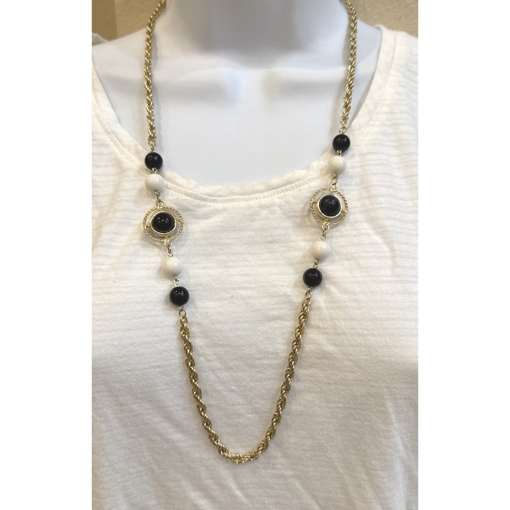 Vintage Gold Tone Rope Chain Opera Necklace Black White Cabochon Beads 29‎ Inch
